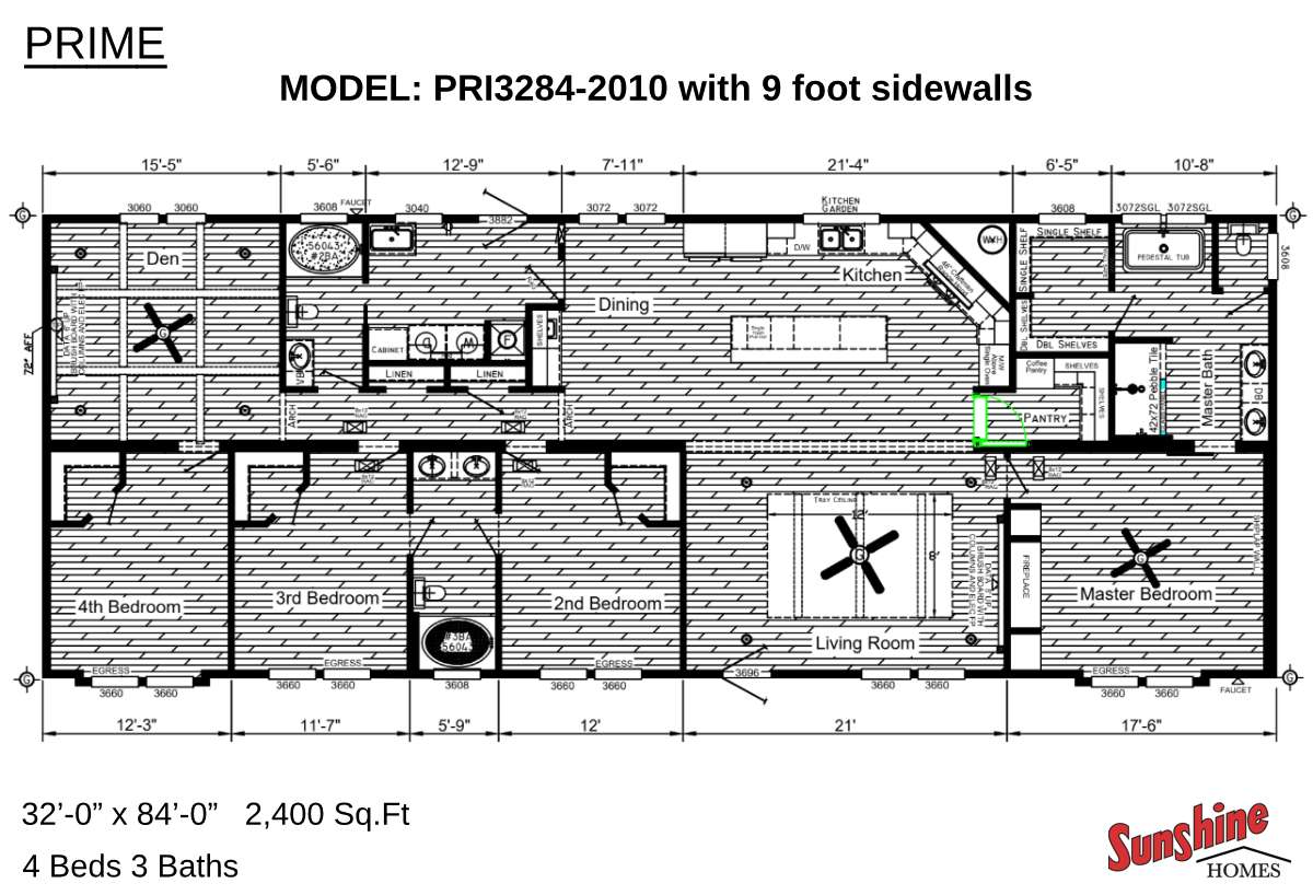 Sunshine Homes “Prime / PRI3284-2010 with 9 foot Sidewalls & Hidden Pantry” Manufactured Home”