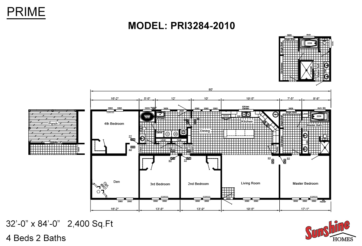 Sunshine Homes “Prime / PRI3284-2010 with 8 foot Sidewalls 4+2” Manufactured Home